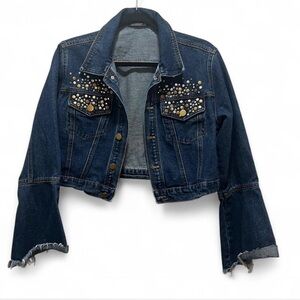 EMERSON LANG Embellished Studded Crop Denim Jacket - Medium